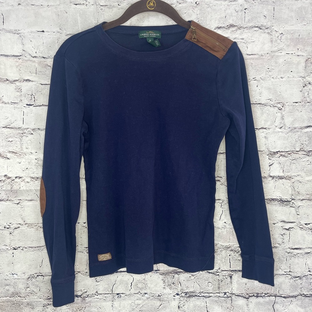 Medium LRL Ralph Lauren jeans co blue 3/4 sleeve top with parched elbows